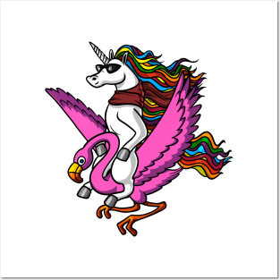 Unicorn Riding Flamingo Bird Posters and Art